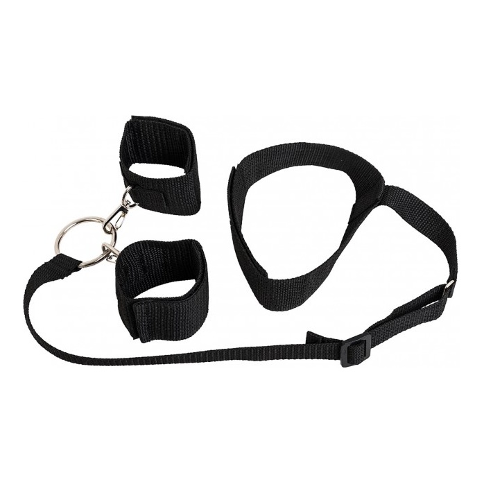 Черный ошейник с длинной лентой и отстегивающимися наручниками - BDSM