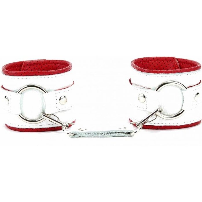 Бело-красные кожаные наручники с кольцом. Фотография 4.
