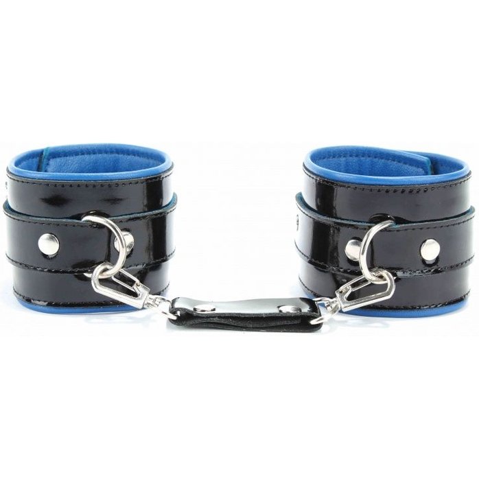Чёрные лаковые наручники с синим подкладом. Фотография 11.