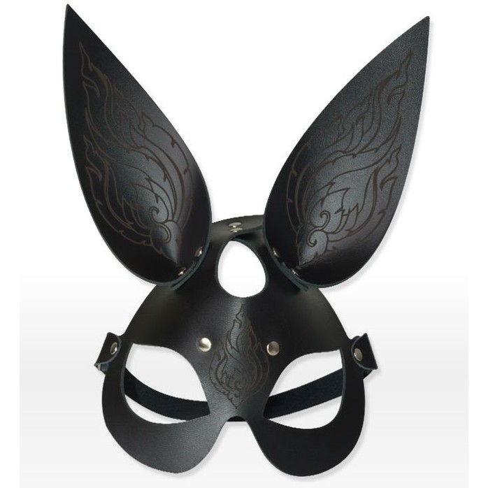 Чёрная кожаная маска с длинными ушками и эффектом тату - BDSM accessories