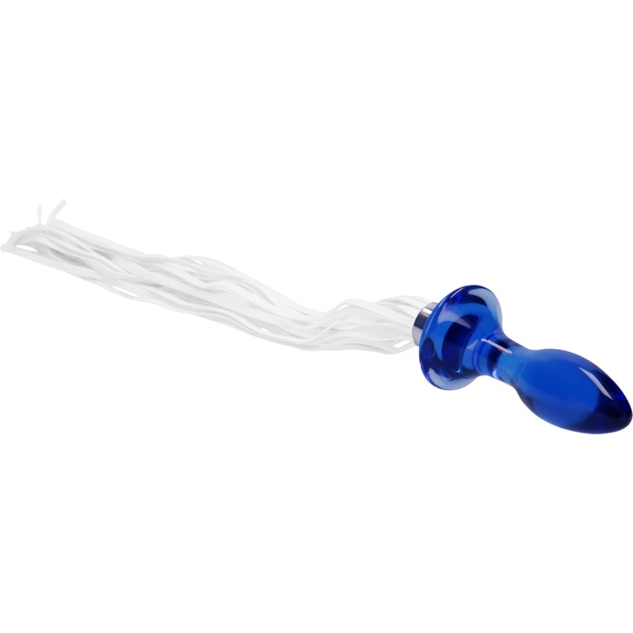 Синяя анальная пробка-плеть Tail с белыми хвостами - Chrystalino. Фотография 2.