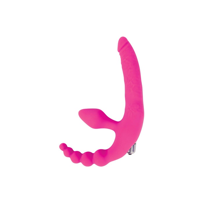 Розовый безремневой страпон с анальным отростком и вибрацией - 15 см - SWEET TOYS