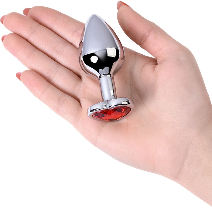 Серебристая коническая анальная пробка с красным кристаллом-сердечком - 7 см - Metal. Фотография 5.