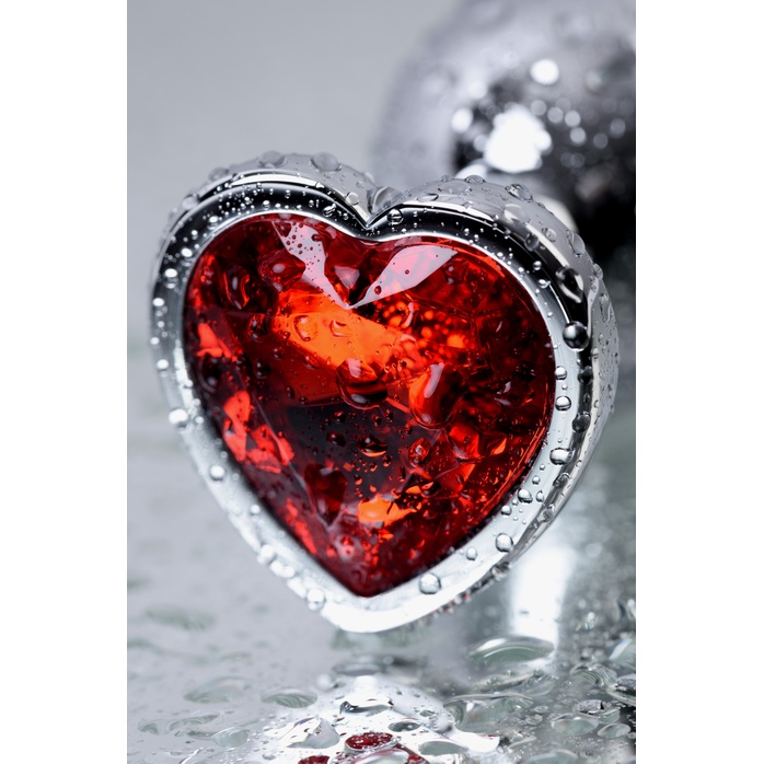 Серебристая коническая анальная пробка с красным кристаллом-сердечком - 7 см - Metal. Фотография 8.