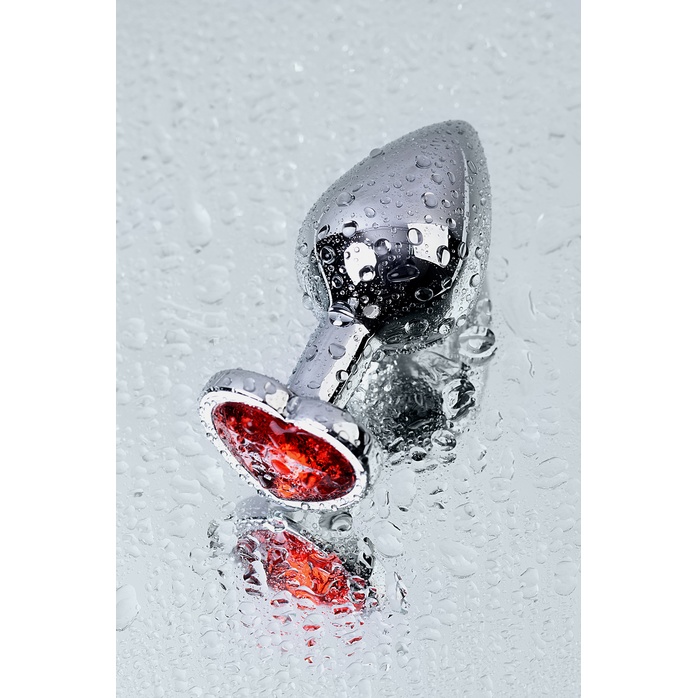 Серебристая коническая анальная пробка с красным кристаллом-сердечком - 7 см - Metal. Фотография 9.