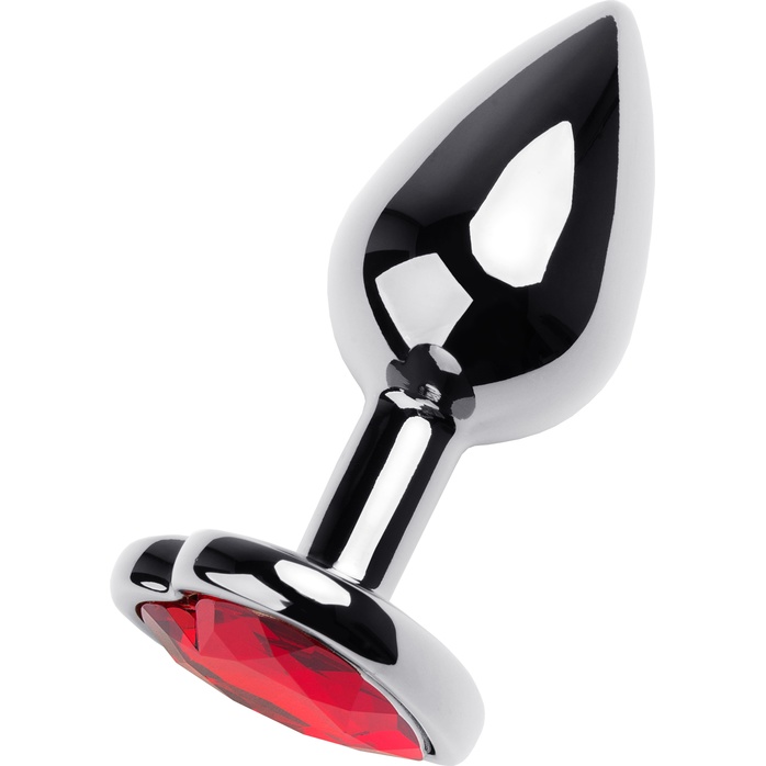 Серебристая коническая анальная пробка с красным кристаллом-сердечком - 7 см - Metal
