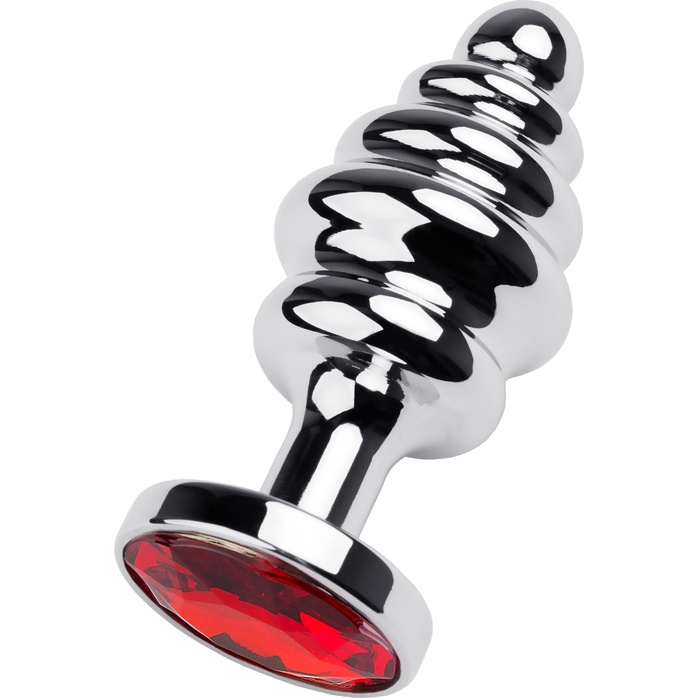 Серебристая анальная пробка-елочка с красным кристаллом - 7 см - Metal