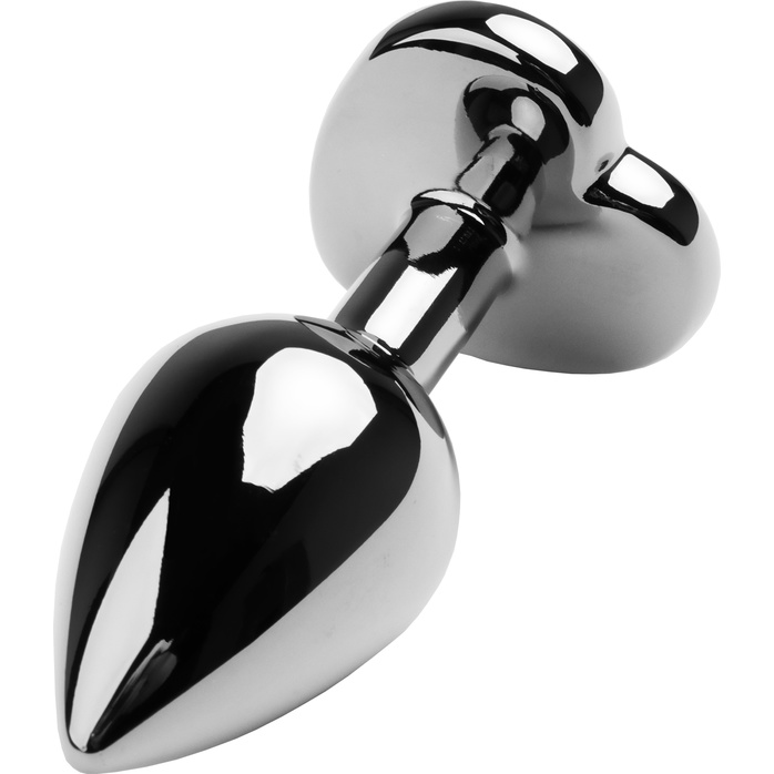 Серебристая коническая анальная пробка с черным кристаллом-сердечком - 7 см. - Metal. Фотография 2.