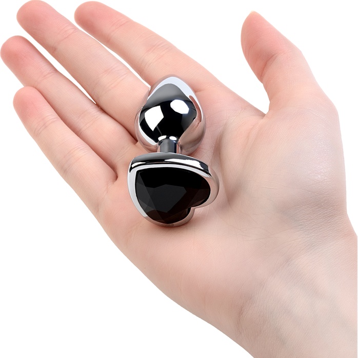 Серебристая коническая анальная пробка с черным кристаллом-сердечком - 7 см. - Metal. Фотография 3.