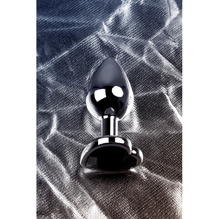Серебристая коническая анальная пробка с черным кристаллом-сердечком - 7 см. - Metal. Фотография 8.