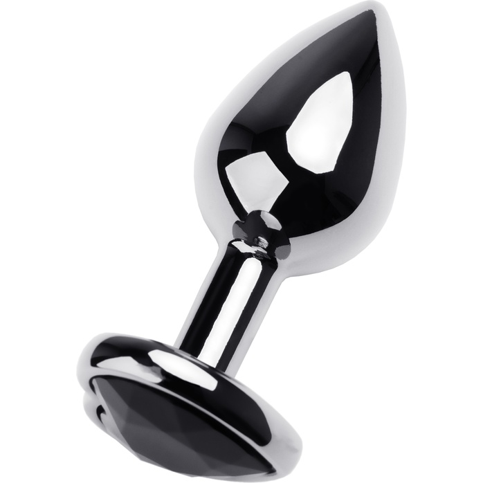 Серебристая коническая анальная пробка с черным кристаллом-сердечком - 7 см. - Metal