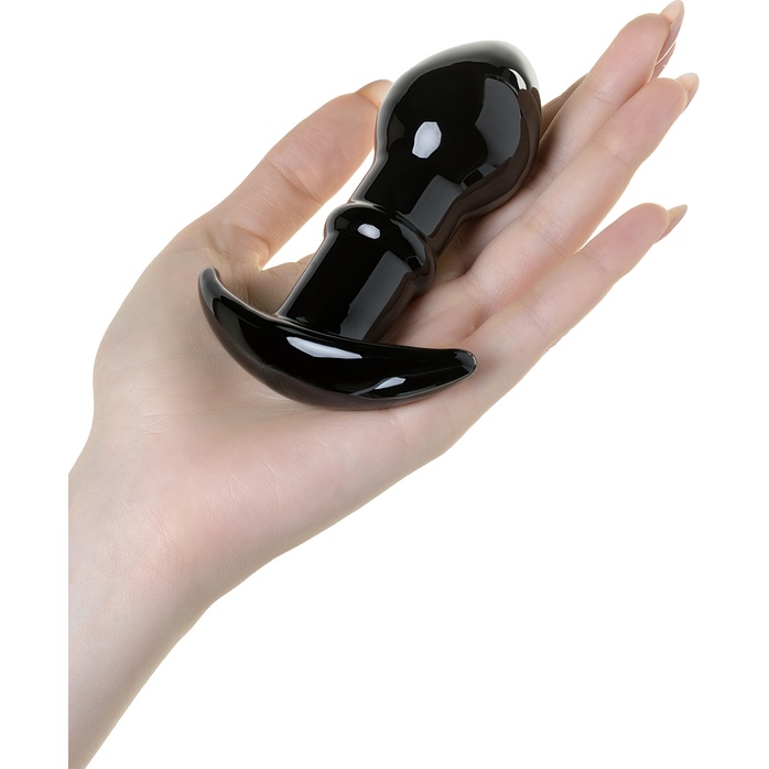 Черная стеклянная анальная втулка Sexus Glass с ограничителем - 11,5 см - Sexus Glass. Фотография 2.