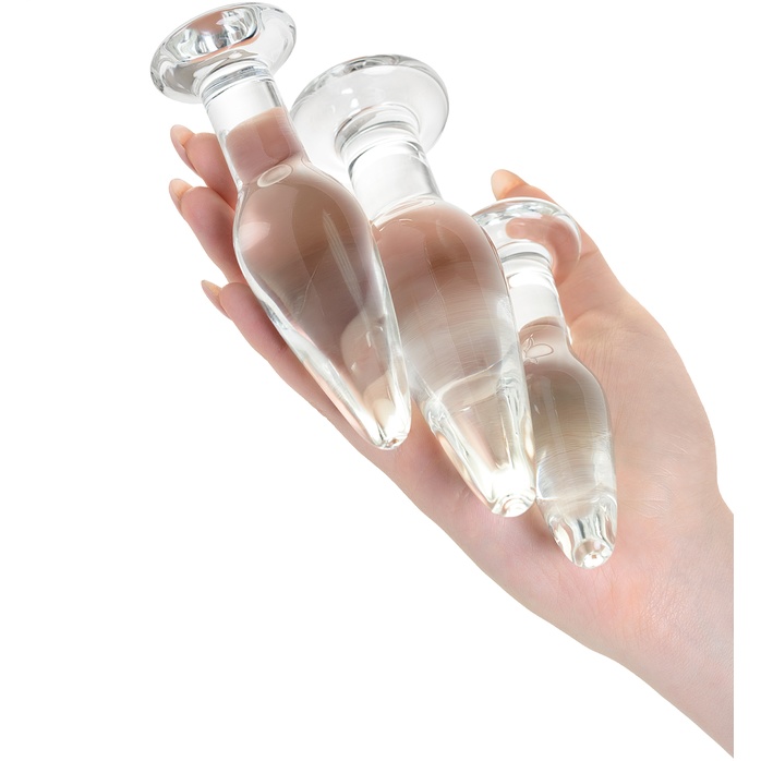 Набор из трех стеклянных анальных пробок с круглым ограничителем Sexus Glass - Sexus Glass. Фотография 2.
