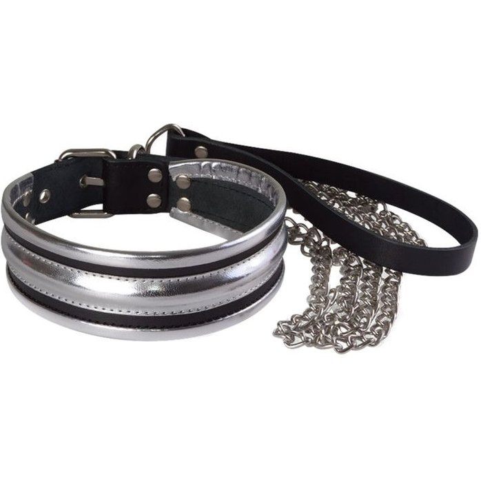 Серебристо-черный ошейник с поводком - BDSM accessories. Фотография 2.