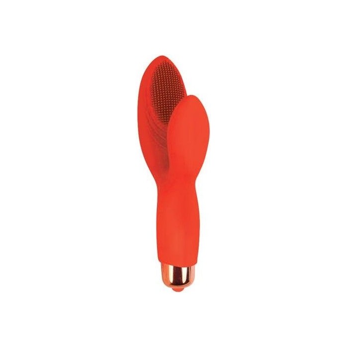 Красный силиконовый вибромассажер с округлым клиторальным отростком - SWEET TOYS