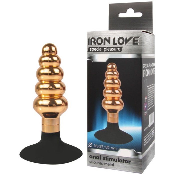 Золотисто-черная анальная пробка-елочка с круглым ограничителем - 10 см. - IRON LOVE. Фотография 2.