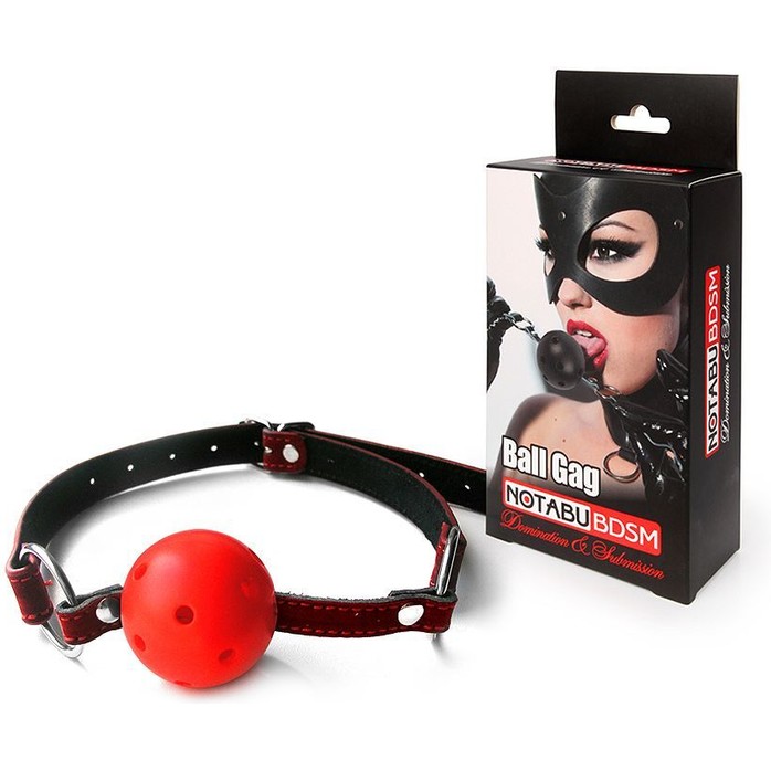 Красно-черный пластиковый кляп-шарик с отверстиями Ball Gag - NOTABU. Фотография 2.