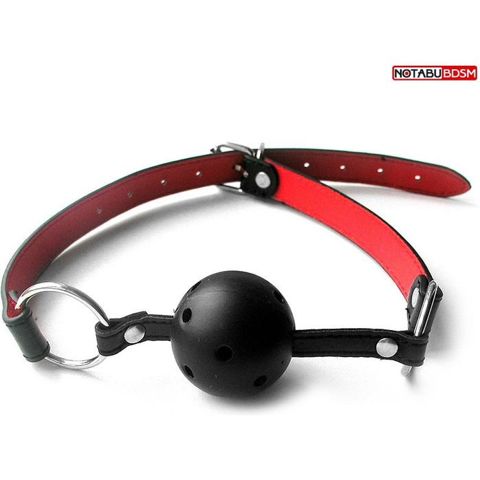 Черно-красный пластиковый кляп-шарик с колечком на ремешке - NOTABU
