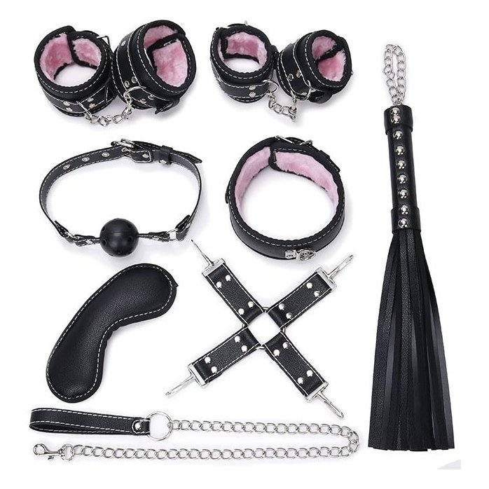Пикантный черно-розовый набор БДСМ: маска, ошейник, кляп, фиксатор, наручники, оковы, плеть - NOTABU