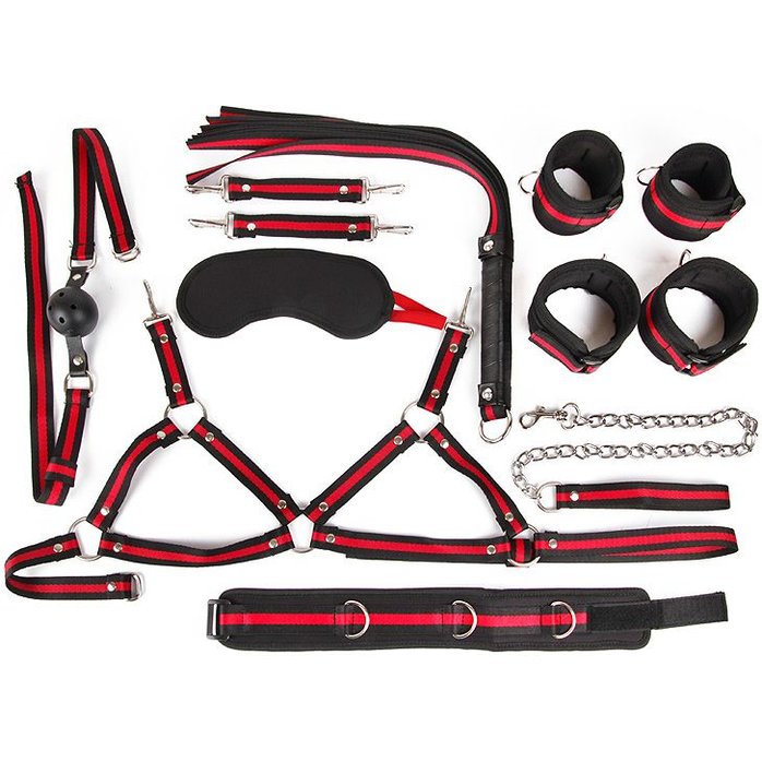 Черно-красный набор БДСМ: наручники, оковы, ошейник с поводком, кляп, маска, плеть, лиф - NOTABU