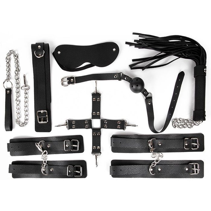 Большой черный набор БДСМ: наручники, оковы, ошейник с поводком, кляп, маска, плеть, фиксатор - NOTABU