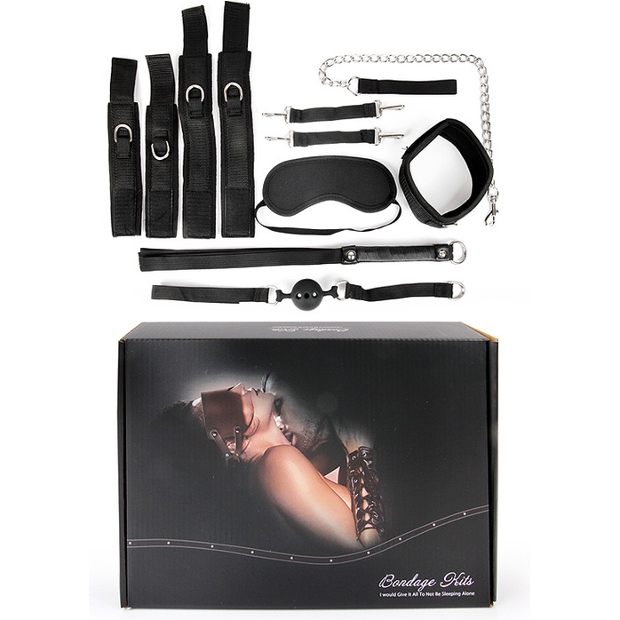 Черный текстильный набор БДСМ: наручники, оковы, ошейник с поводком, кляп, маска, плеть - NOTABU. Фотография 2.