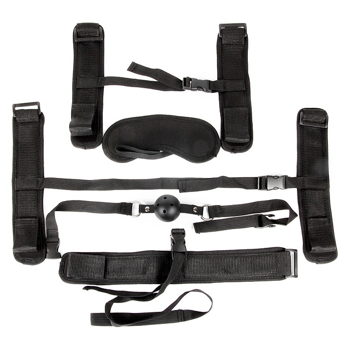 Пикантный черный текстильный набор БДСМ: наручники, оковы, ошейник с поводком, кляп, маска - NOTABU