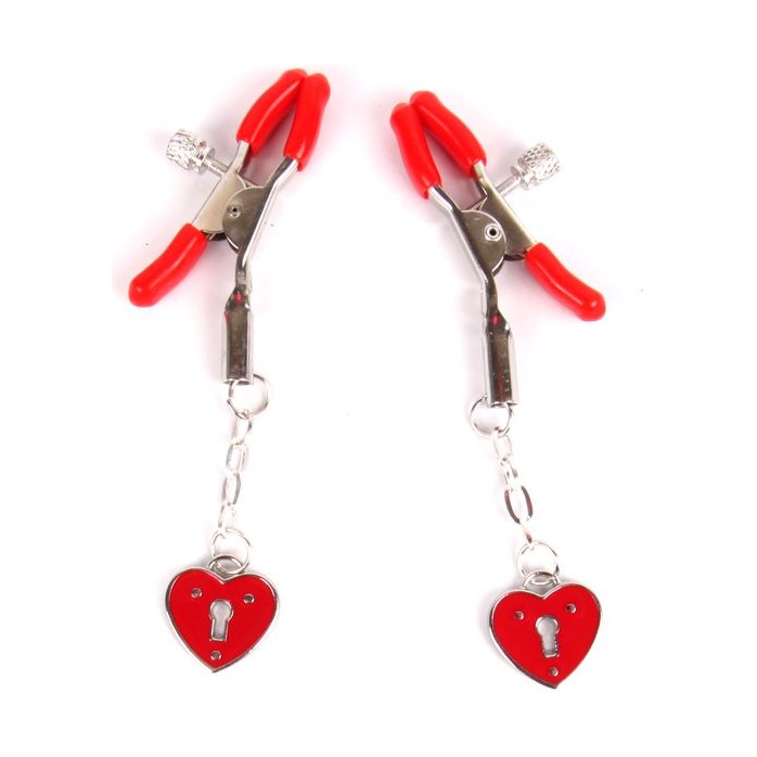Красные металлические зажимы на соски с декором в виде сердечек на цепочке - NOTABU