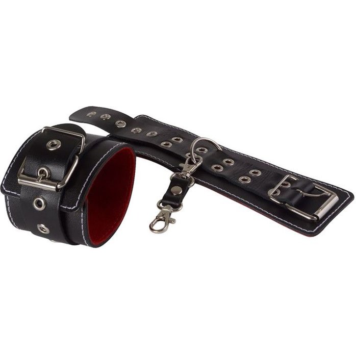 Чёрные кожаные наручники с контрастной строчкой и красной изнанкой - BDSM accessories