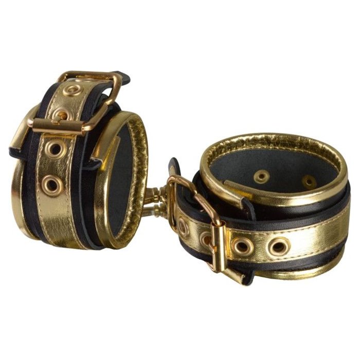 Золотисто-чёрные кожаные наручники - BDSM accessories
