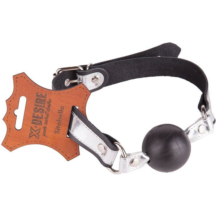 Кляп-шарик на серебристо-черных ремешках - BDSM accessories. Фотография 2.