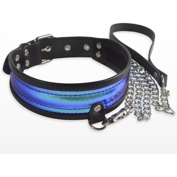 Сине-черный ошейник с поводком - BDSM accessories