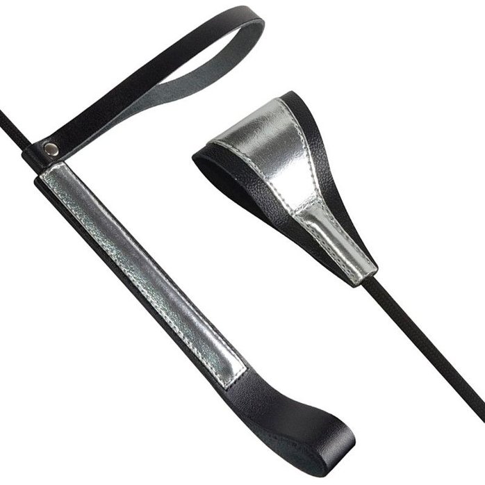 Чёрно-серебристый стек с хлопушкой из кожи - 62 см - BDSM accessories. Фотография 2.