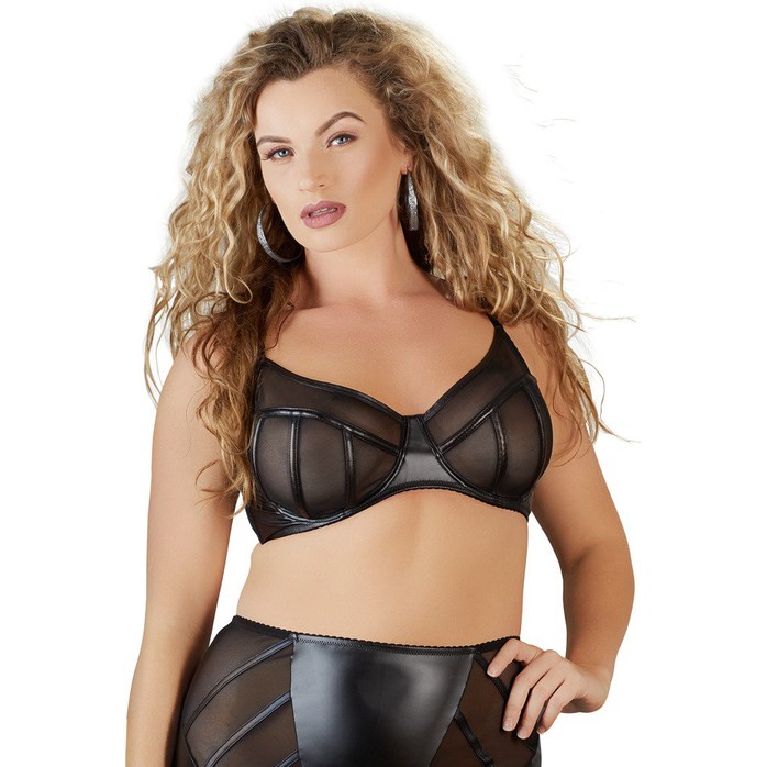 Чёрный полупрозрачный бюстгальтер с wet-look отделкой - Cottelli Collection