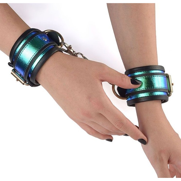 Кожаные сине-черные наручники с голографией - BDSM accessories