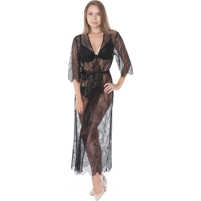 Длинный полупрозрачный кружевной халатик с пояском