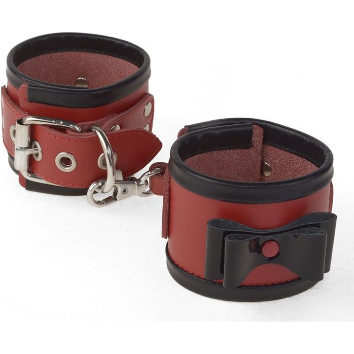 Красные наручники с черными лаковыми бантами и оторочкой - BDSM accessories