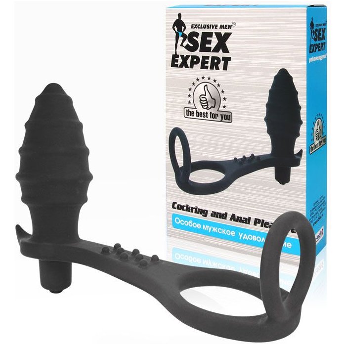 Черное кольцо с анальным вибростимулятором Cockring and Anal Pleasure - SEX EXPERT. Фотография 2.