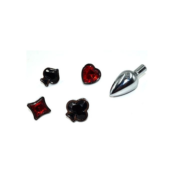 Набор из серебристой анальной пробки из нержавеющей стали и 4 кристаллов в форме мастей - 7,6 см - Kanikule anal plugs