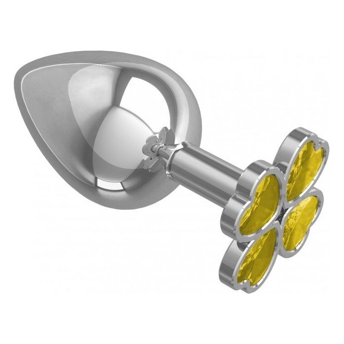 Большая серебристая анальная втулка с жёлтым клевером из кристаллов - 9,5 см - Анальные втулки с кристаллом