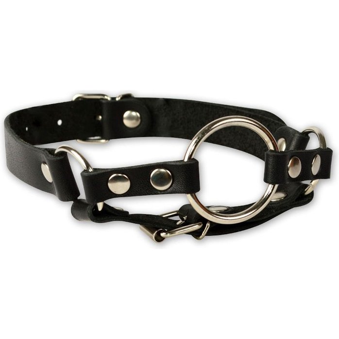 Кляп-кольцо на чёрных кожаных ремешках с застёжкой - BDSM accessories