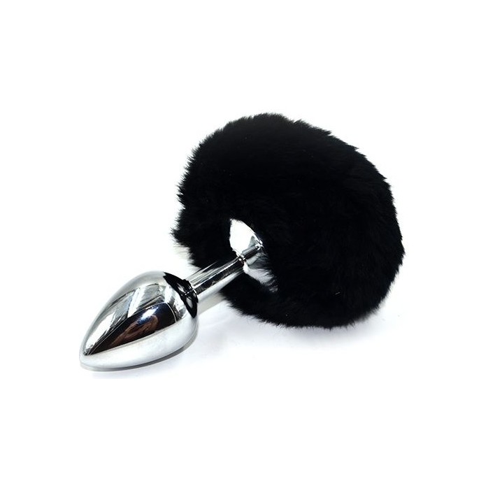 Серебристая округлая анальная пробка с заячьим хвостиком черного цвета - 11,5 см - Kanikule anal plugs