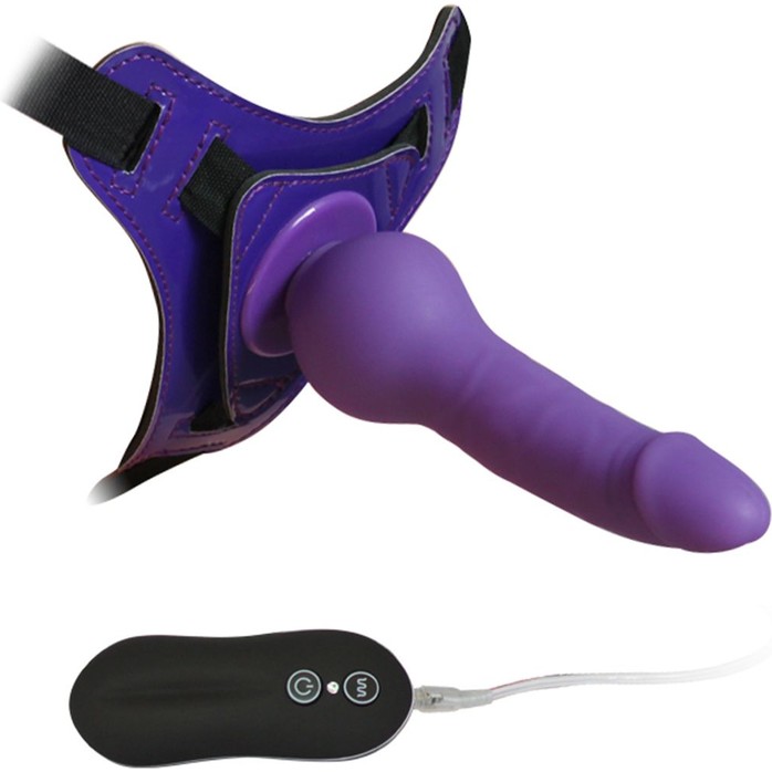 Фиолетовый страпон 10 Mode Vibrations 6.3 Harness Silicone Dildo - 15,5 см