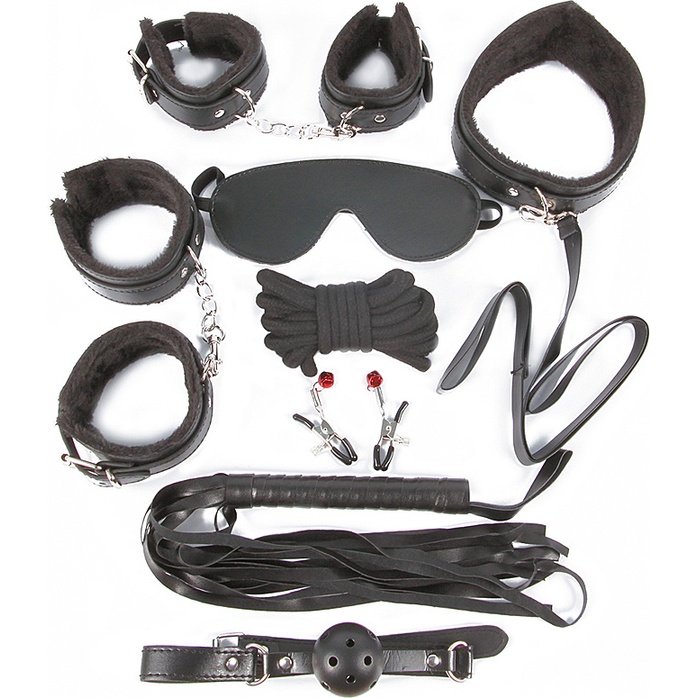 Большой игровой набор БДСМ: наручники, оковы, маска, кляп, плеть, ошейник с поводком, верёвка, зажимы для сосков