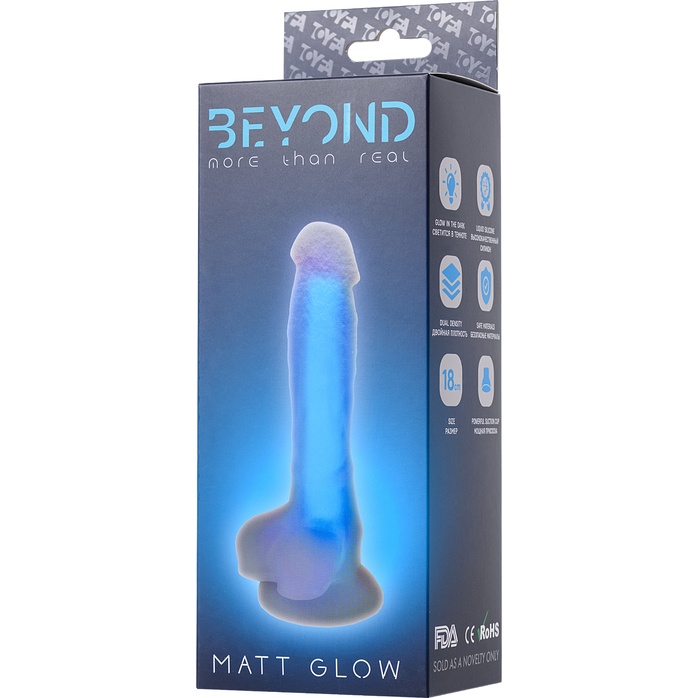 Прозрачно-синий фаллоимитатор, светящийся в темноте, Matt Glow - 18 см - Beyond. Фотография 6.