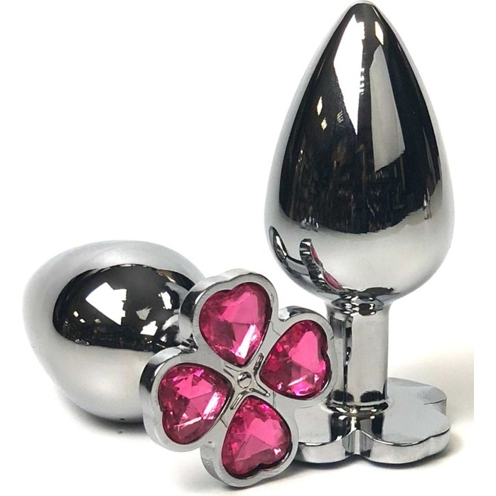 Серебристая анальная втулка с клевером из розовых кристаллов - 9 см