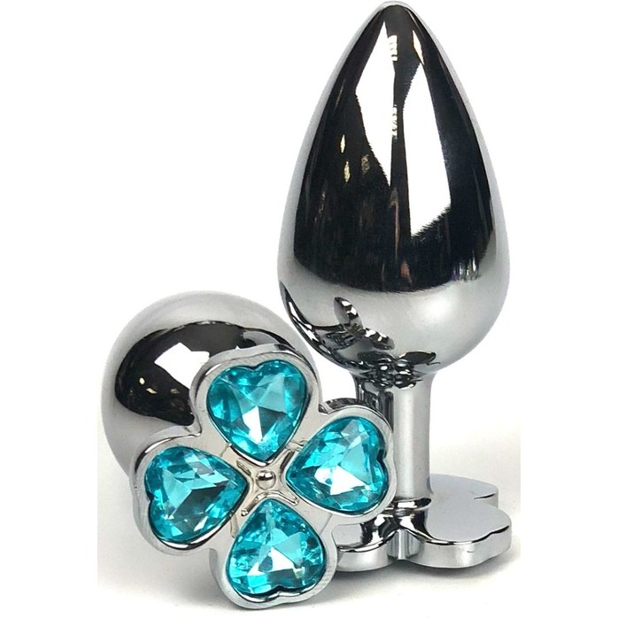 Серебристая анальная втулка с клевером из голубых кристаллов - 9 см