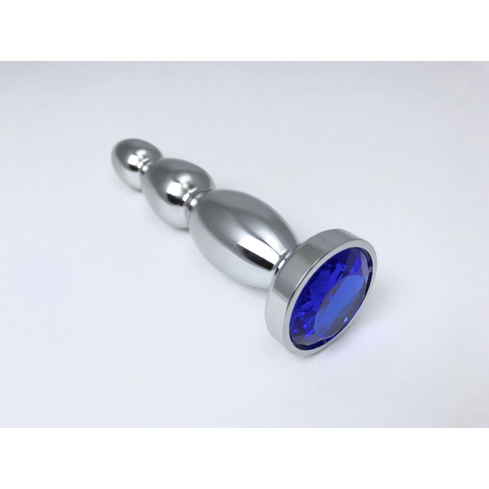 Серебристая анальная пробка-ёлочка с синим кристаллом - 13 см. Фотография 2.
