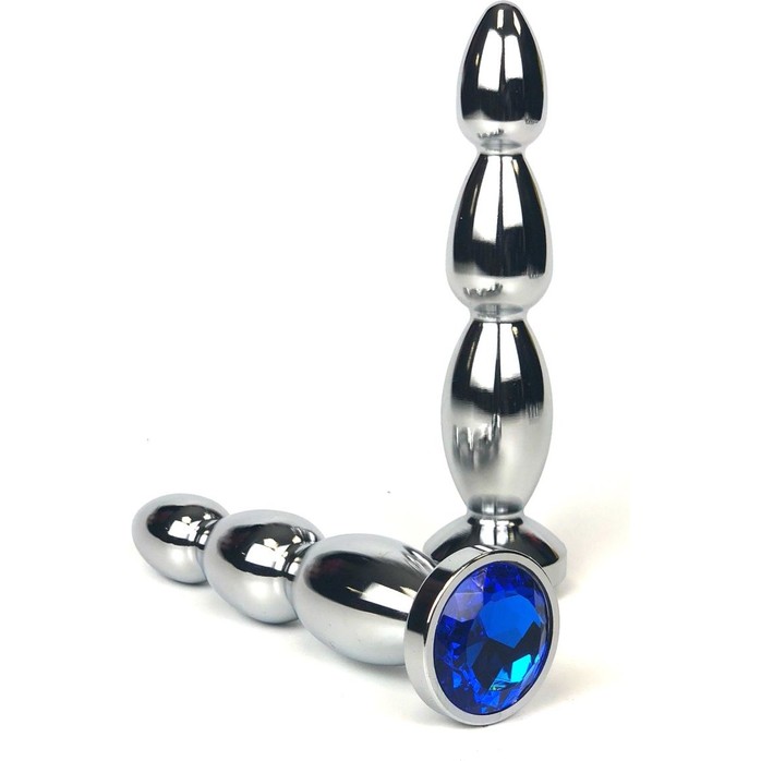 Серебристая анальная пробка-ёлочка с синим кристаллом - 13 см