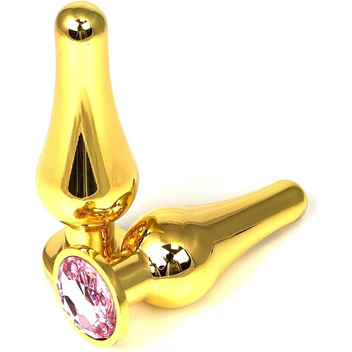 Золотистая удлиненная анальная пробка с нежно-розовым кристаллом - 11,5 см